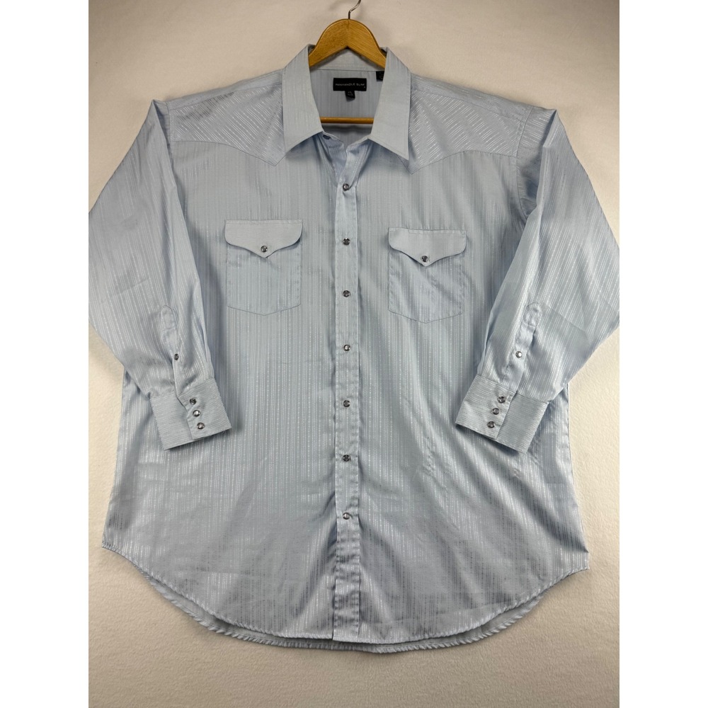 Panhandle Slim Western Shirt Mens XXL Light Blue Pearl Snap Long‎ Sleeve Stripe